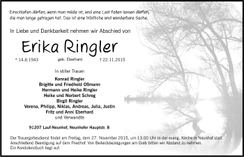 Traueranzeige von Erika Ringler von Pegnitz-Zeitung