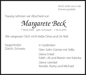 Traueranzeige von Margarete Beck von Hersbrucker Zeitung