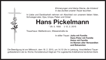 Traueranzeige von Hans Pickelmann von Der Bote