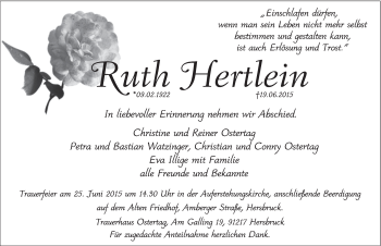 Traueranzeige von Ruth Hertlein von Hersbrucker Zeitung
