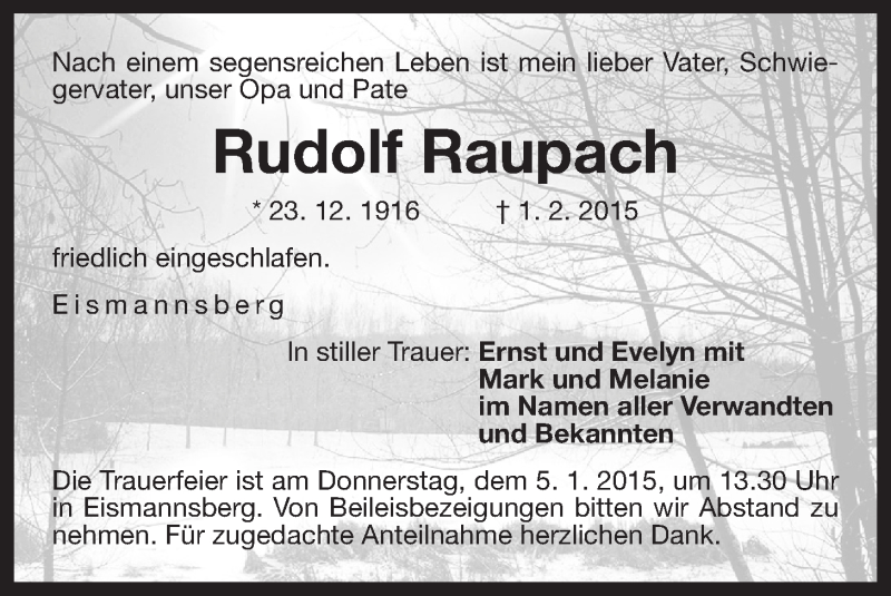  Traueranzeige für Rudolf Raupach vom 03.02.2015 aus Der Bote