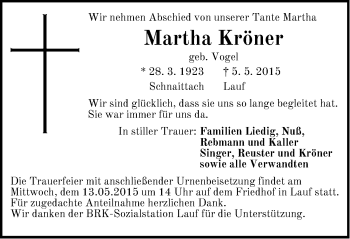 Traueranzeige von Martha Kröner von Pegnitz-Zeitung