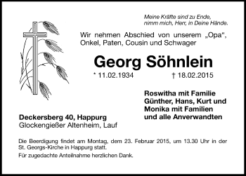 Traueranzeige von Georg Söhnlein von Hersbrucker Zeitung
