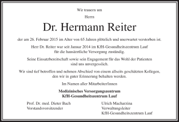 Traueranzeige von Hermann Reiter von Pegnitz-Zeitung