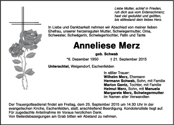 Traueranzeige von Anneliese Merz von Hersbrucker Zeitung