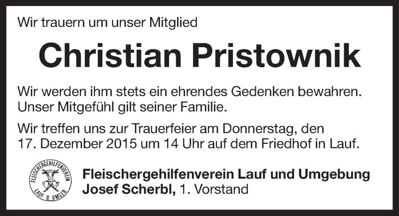  Traueranzeige für Christian Pristownik vom 16.12.2015 aus Pegnitz-Zeitung