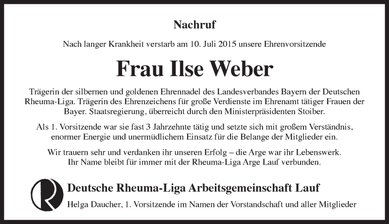  Traueranzeige für Ilse Weber vom 15.07.2015 aus Pegnitz-Zeitung