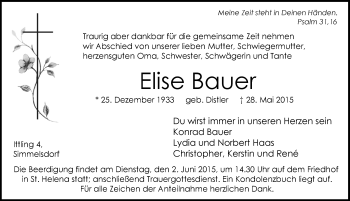 Traueranzeige von Elise Bauer von Pegnitz-Zeitung