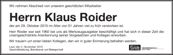 Traueranzeige von Klaus Roider von Pegnitz-Zeitung