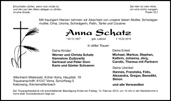 Traueranzeige von Anna Schatz von Hersbrucker Zeitung