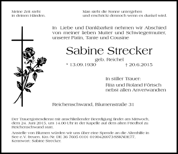 Traueranzeige von Sabine Strecker von Hersbrucker Zeitung