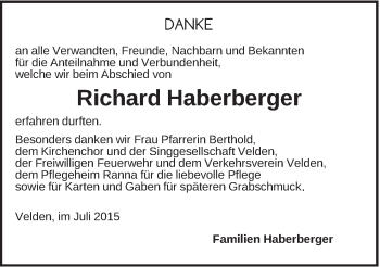 Traueranzeige von Richard Haberberger von Hersbrucker Zeitung