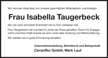 Traueranzeige von Isabella Taugerbeck von Pegnitz-Zeitung
