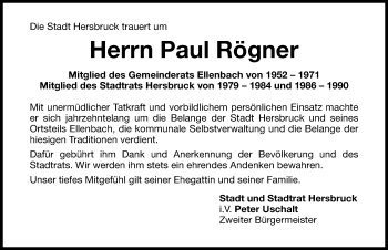 Traueranzeige von Paul Rögner von Hersbrucker Zeitung