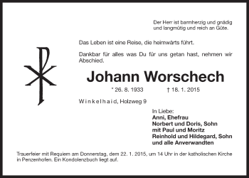 Traueranzeige von Johann Worschech von Der Bote