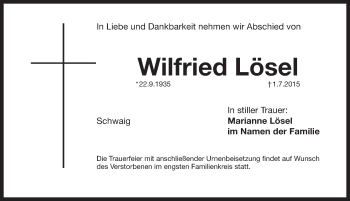 Traueranzeige von Wilfried Loesel von Pegnitz-Zeitung