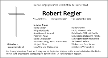 Traueranzeige von Robert Regler von Pegnitz-Zeitung