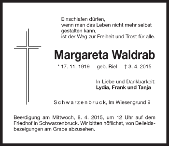 Traueranzeige von Margareta Waldrab von Der Bote
