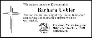 Traueranzeige von Barbara Uebler von Pegnitz-Zeitung