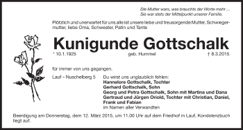 Traueranzeige von Kunigunde Gottschalk von Pegnitz-Zeitung