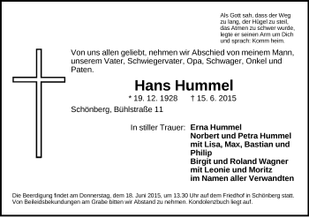 Traueranzeige von Hans Hummel von Pegnitz-Zeitung