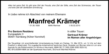 Traueranzeige von Manfred Krämer von Hersbrucker Zeitung
