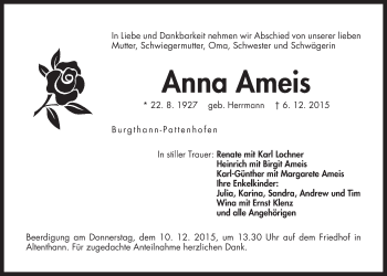 Traueranzeige von Anna Ameis von Der Bote