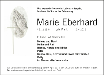 Traueranzeige von Marie Eberhard von Pegnitz-Zeitung