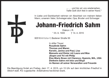 Traueranzeige von Johann-Friedrich Sahm von Der Bote