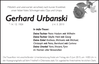 Traueranzeige von Gerhard Urbanski von Pegnitz-Zeitung