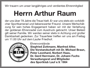 Traueranzeige von Arthur Raum von Pegnitz-Zeitung