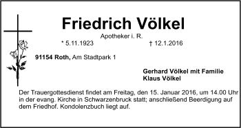 Traueranzeige von Friedrich Völkel von Der Bote