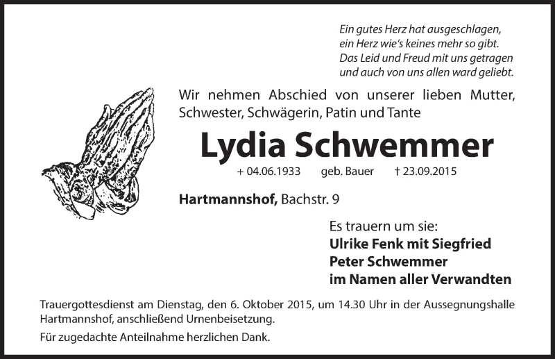  Traueranzeige für Lydia Schwemmer vom 01.10.2015 aus Hersbrucker Zeitung
