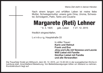 Traueranzeige von Margarete Lehner von Der Bote