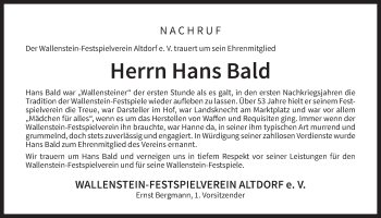 Traueranzeige von Hans Bald von Der Bote