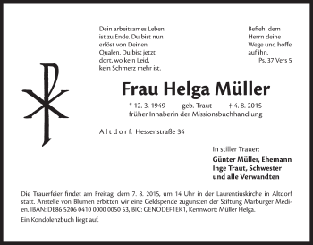 Traueranzeige von Helga Müller von Der Bote