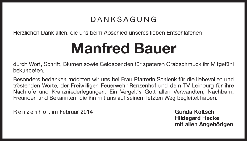  Traueranzeige für Manfred Bauer vom 08.02.2014 aus Der Bote