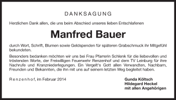Traueranzeige von Manfred Bauer von Der Bote