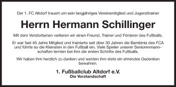 Traueranzeige von Hermann Schillinger von Der Bote