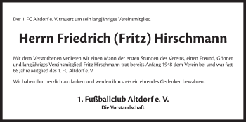 Traueranzeige von Friedrich Hirschmann von Der Bote