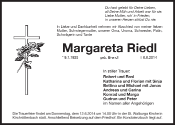 Traueranzeige von Margareta Riedl von Pegnitz-Zeitung