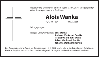 Traueranzeige von Alois Wanka von Der Bote