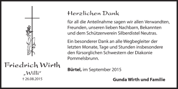 Traueranzeige von Friedrich Wirth von Hersbrucker Zeitung