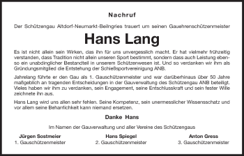 Traueranzeige von Hans Lang von Der Bote