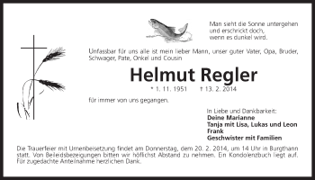 Traueranzeige von Helmut Regler von Der Bote
