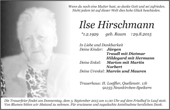 Traueranzeige von Ilse Hirschmann von Pegnitz-Zeitung