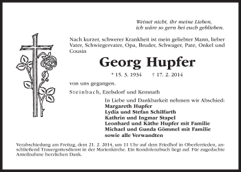 Traueranzeige von Georg Hupfer von Der Bote