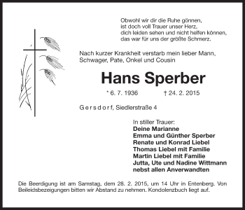 Traueranzeige von Hans Sperber von Der Bote