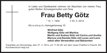 Traueranzeige von Betty Götz von Der Bote