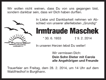 Traueranzeige von Irmtraude Maschek von Der Bote
